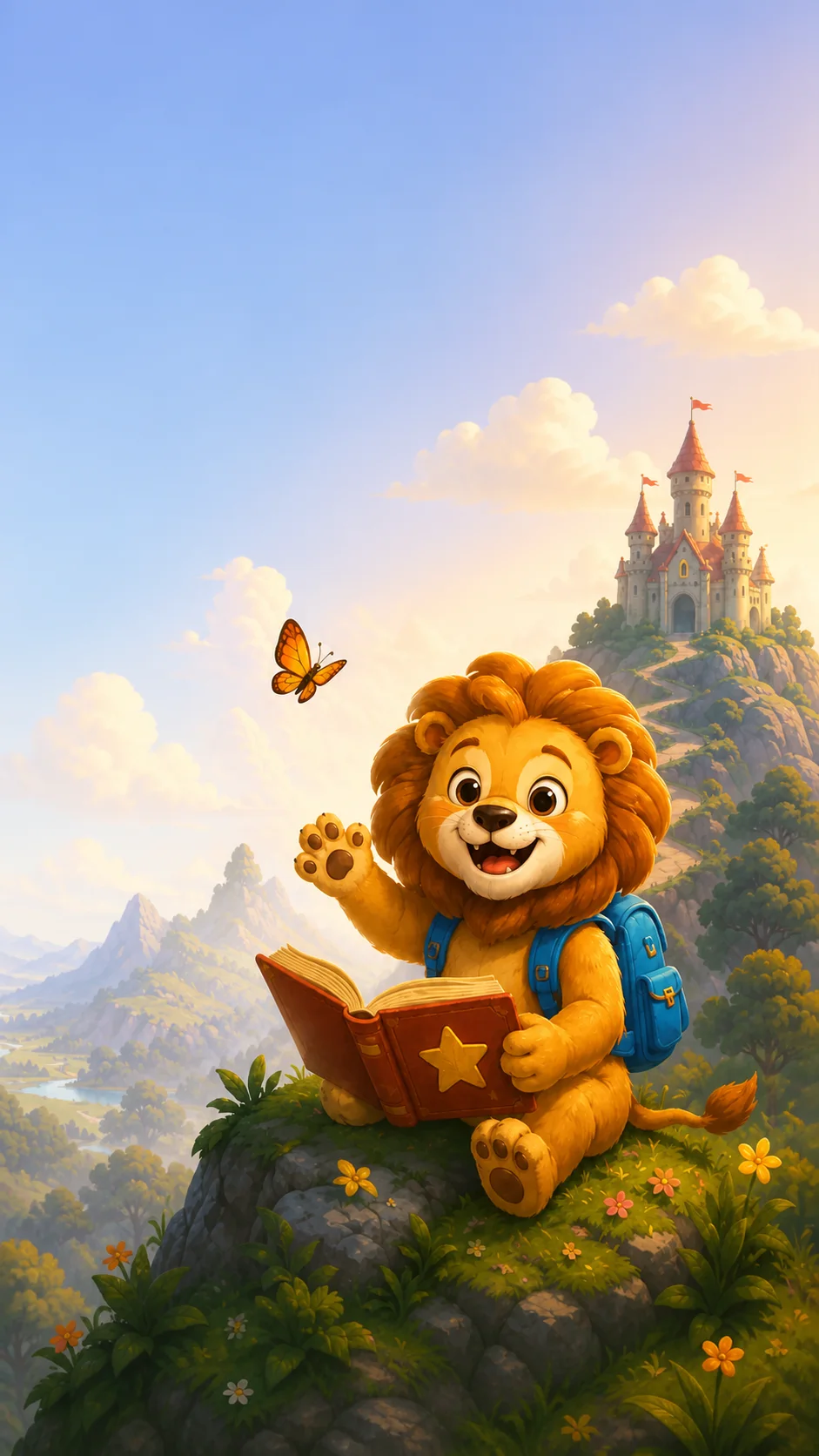 Leo leyendo frente a un castillo fantástico