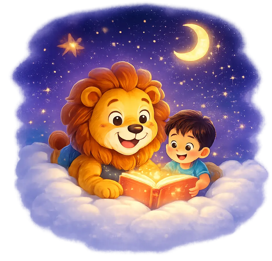 Leo leyendo con un niño bajo un cielo de estrellas